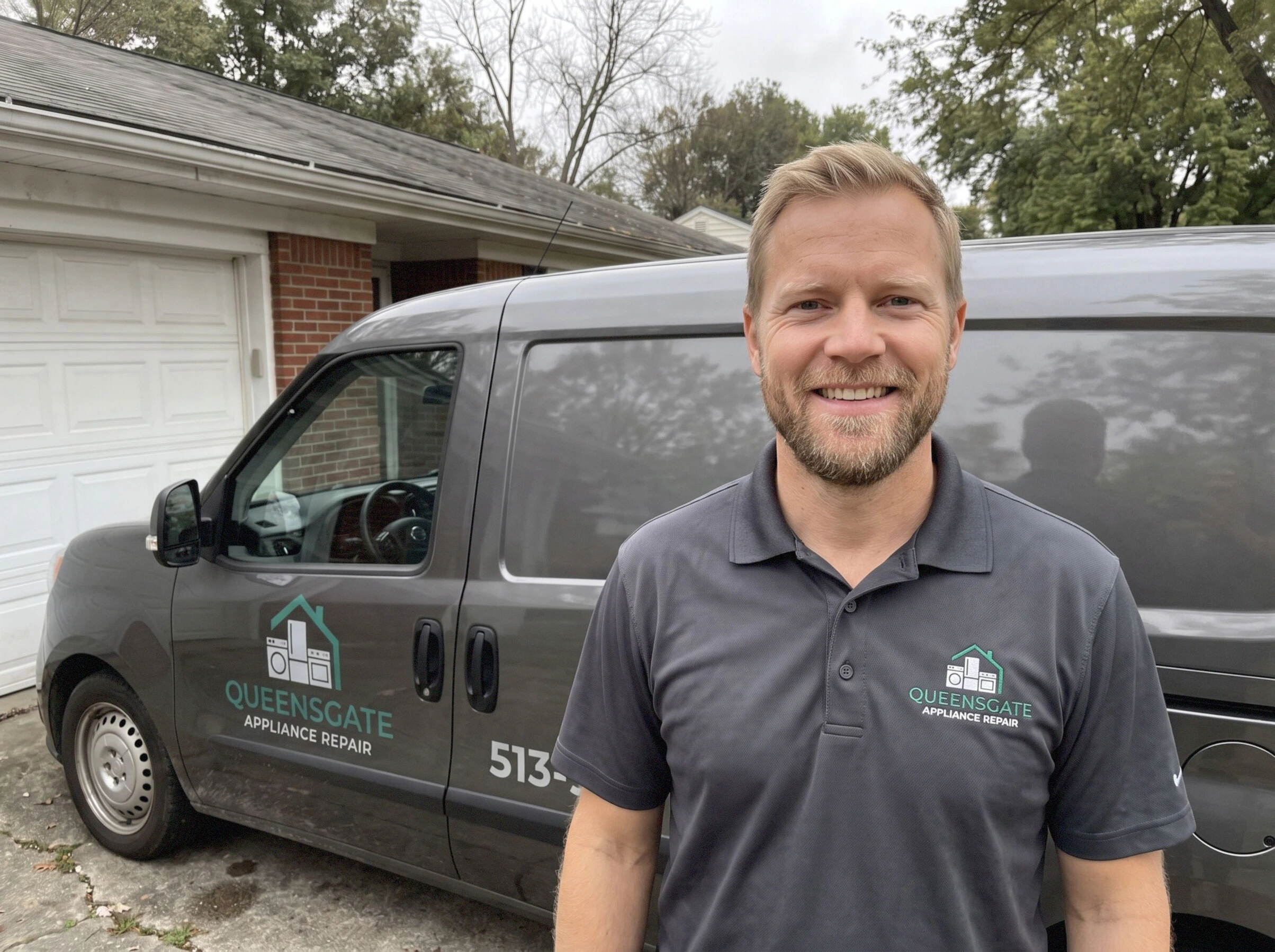Queensgate Appliance Repair technician next to the company van on a house call in Cincinnati